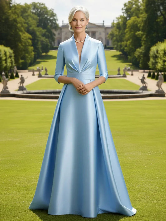 Loverlm light blue satin Mother of the Bride dress with V-neck three-quarter sleeves and full floor-length A-line skirt