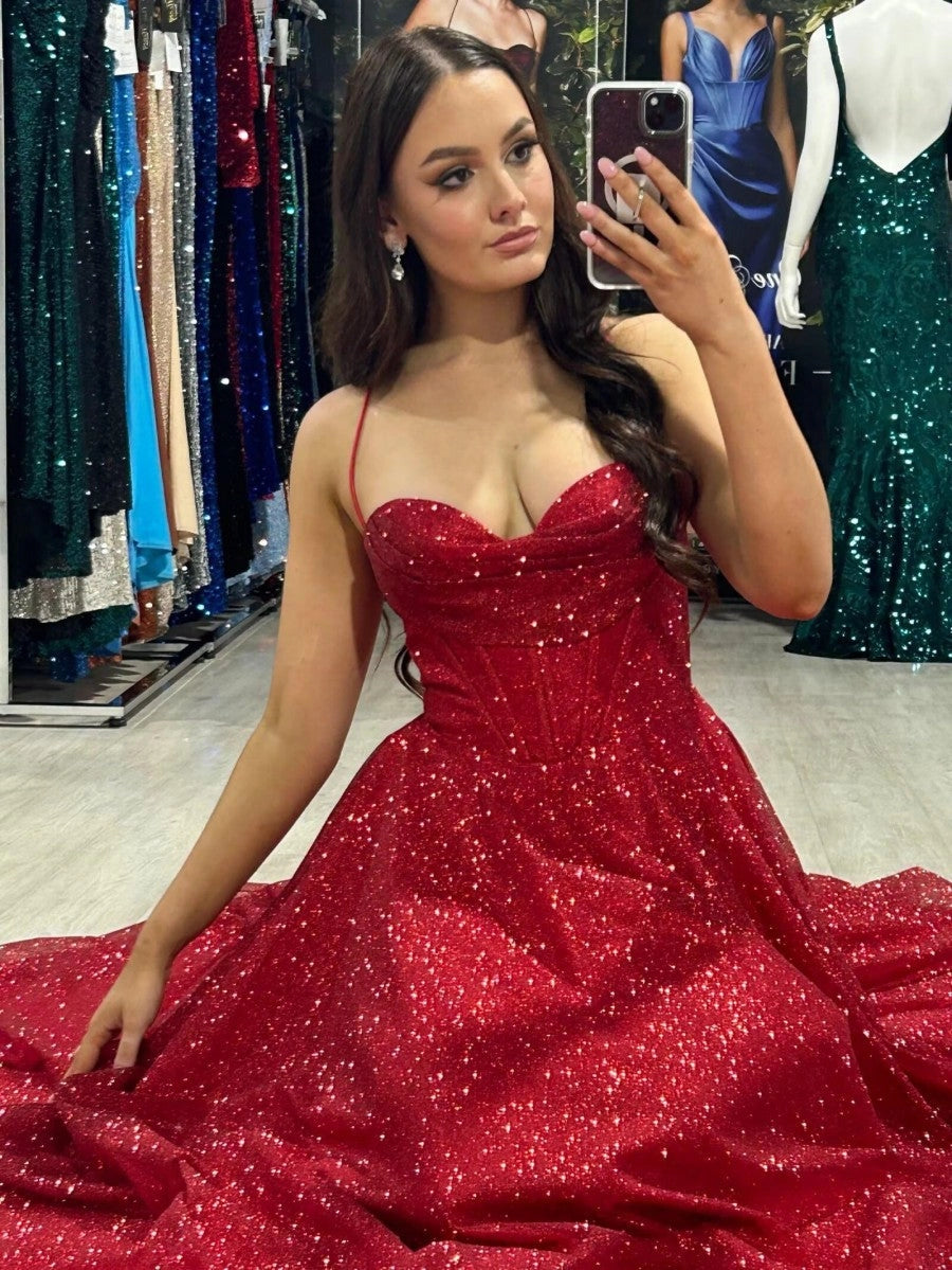 Enchanting Sequin A-Line Sweetheart Spaghetti-Strap Corset Slit Floor-Length Prom Dress