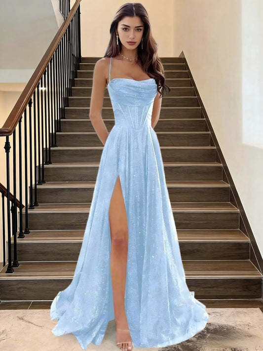 Light blue sequin A-line prom dress with sweetheart corset bodice and thigh-high slit