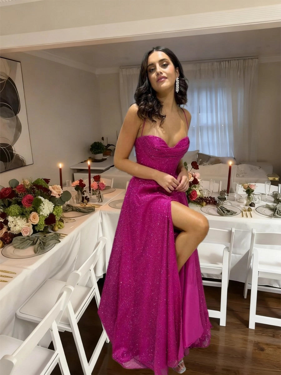 Enchanting Sequin A-Line Sweetheart Spaghetti-Strap Corset Slit Floor-Length Prom Dress