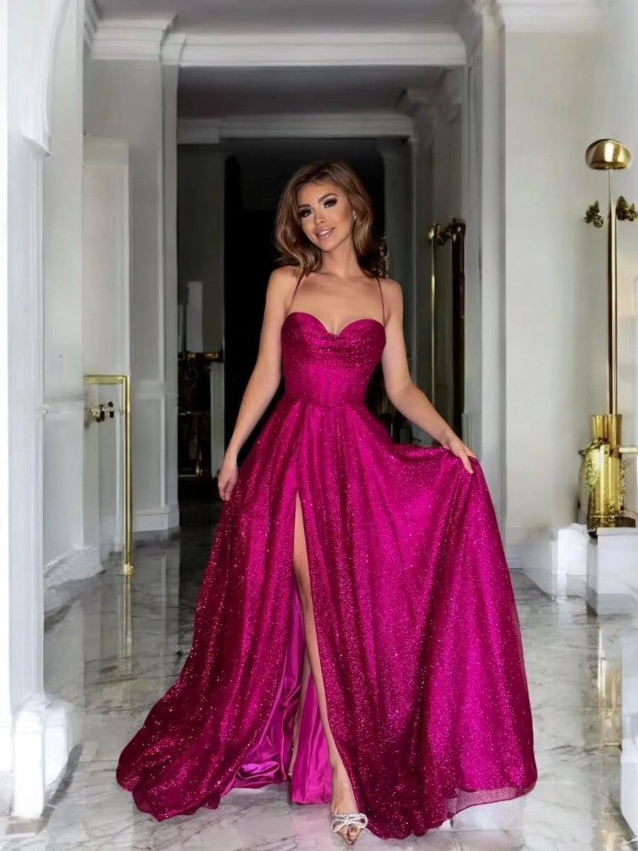 Enchanting Sequin A-Line Sweetheart Spaghetti-Strap Corset Slit Floor-Length Prom Dress