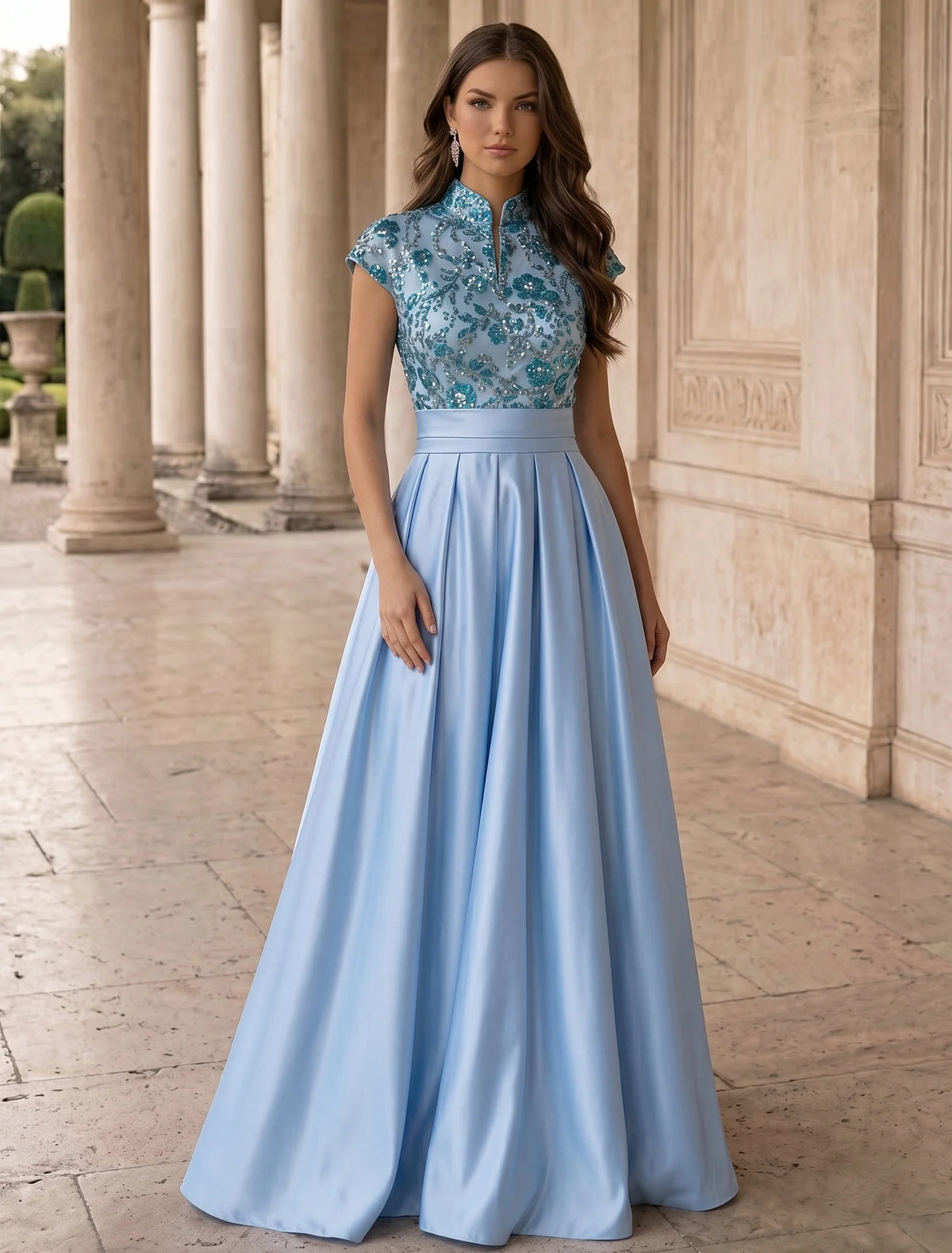 Light blue A-line satin evening dress with Mandarin collar, cap sleeves, turquoise sequin floral embroidered bodice and floor-length pleated skirt by Loverlm