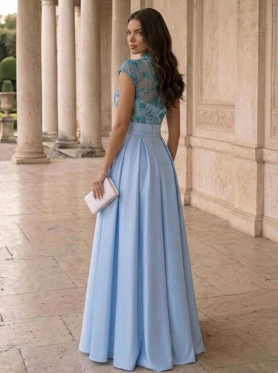 Elegant A Line Mandarin Collar Cap Sleeve Satin Floor Length Evening Dress