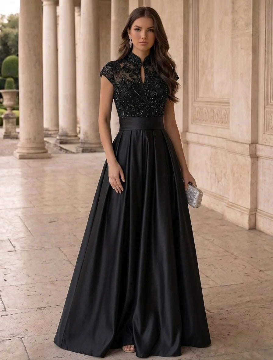 Elegant A Line Mandarin Collar Cap Sleeve Satin Floor Length Evening Dress