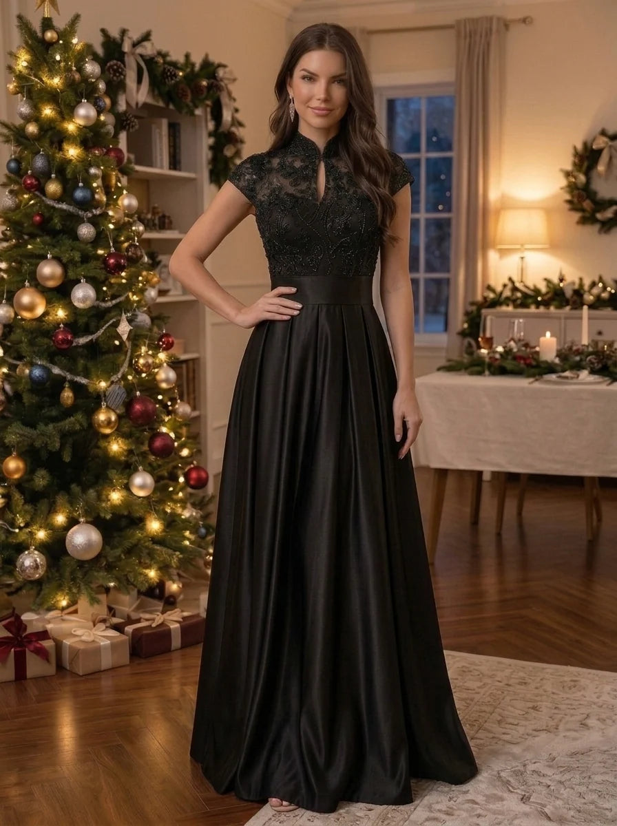 Elegant A Line Mandarin Collar Cap Sleeve Satin Floor Length Evening Dress