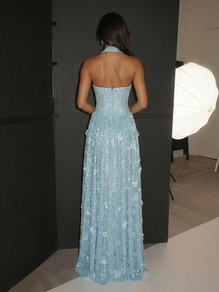 Glamorous A-Line Halter Sleeveless Sequin Floor Length Prom Dress