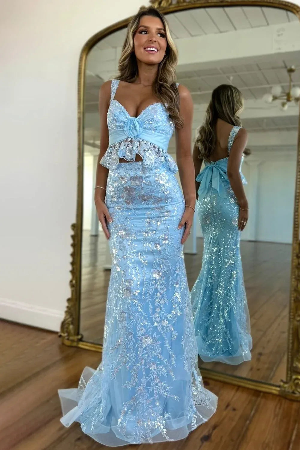 Loverlm light blue sequin lace mermaid prom dress with sweetheart neckline, peplum ruffle and floor length skirt front view
