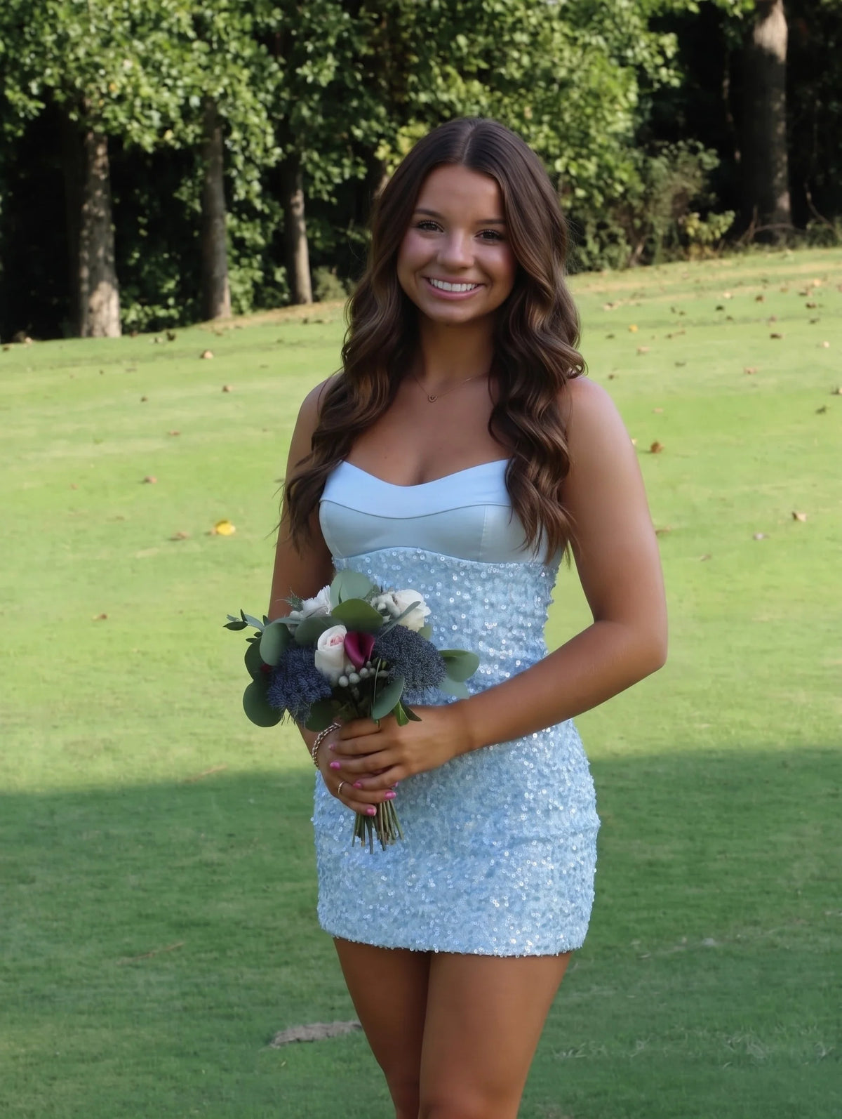 Loverlm light blue sequin mini homecoming dress with sweetheart neckline, spaghetti straps and fitted silhouette front view