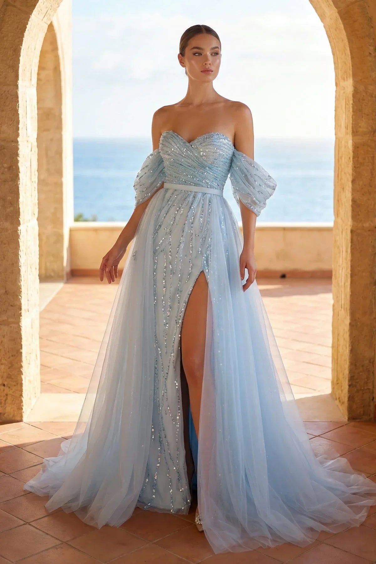 Loverlm light blue sequin tulle A-line prom dress with sweetheart neckline, puff sleeves and high slit front view