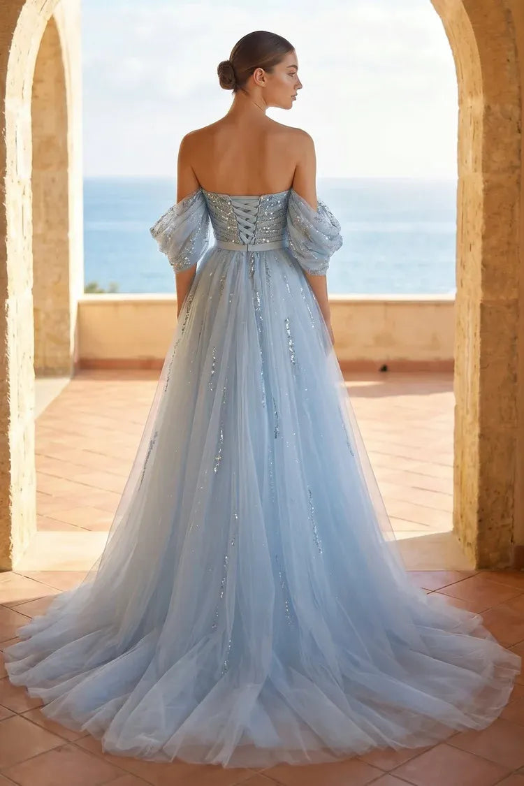 Glamorous Sequin A-Line Sweetheart Off-Shoulder Puff-Sleeve Lace-Up Floor-Length Prom Dress