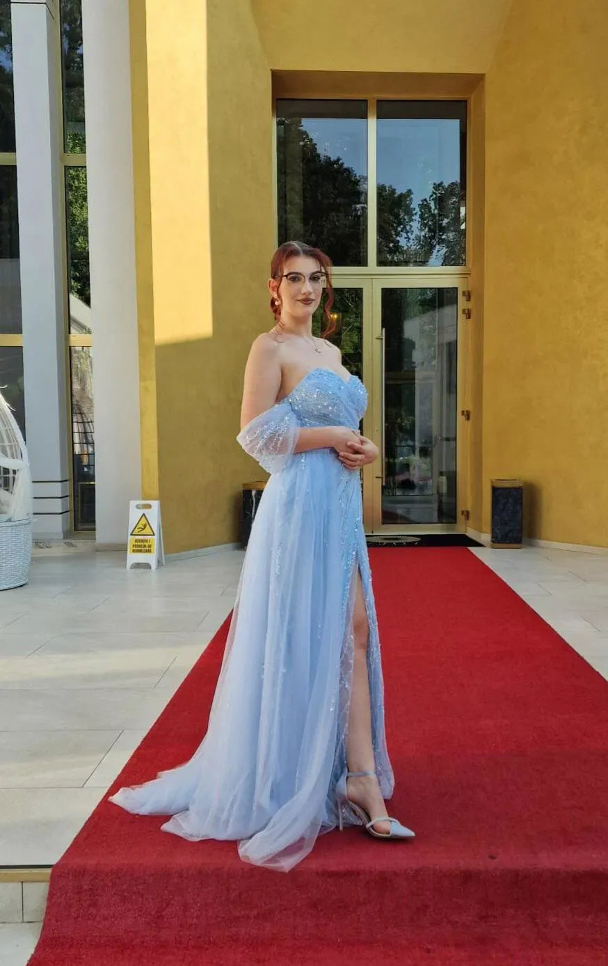 Glamorous Sequin A-Line Sweetheart Off-Shoulder Puff-Sleeve Lace-Up Floor-Length Prom Dress