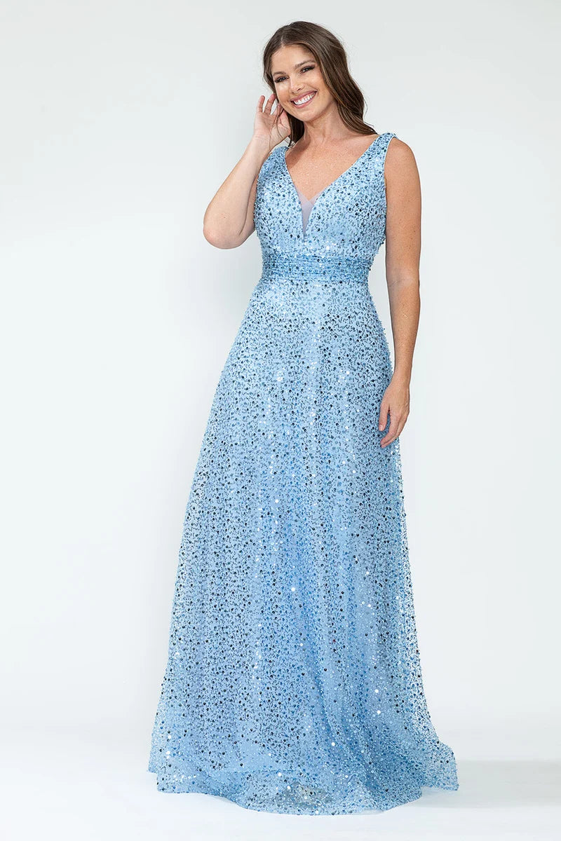 Loverlm light blue V-neck sequin A-line floor-length prom dress front view