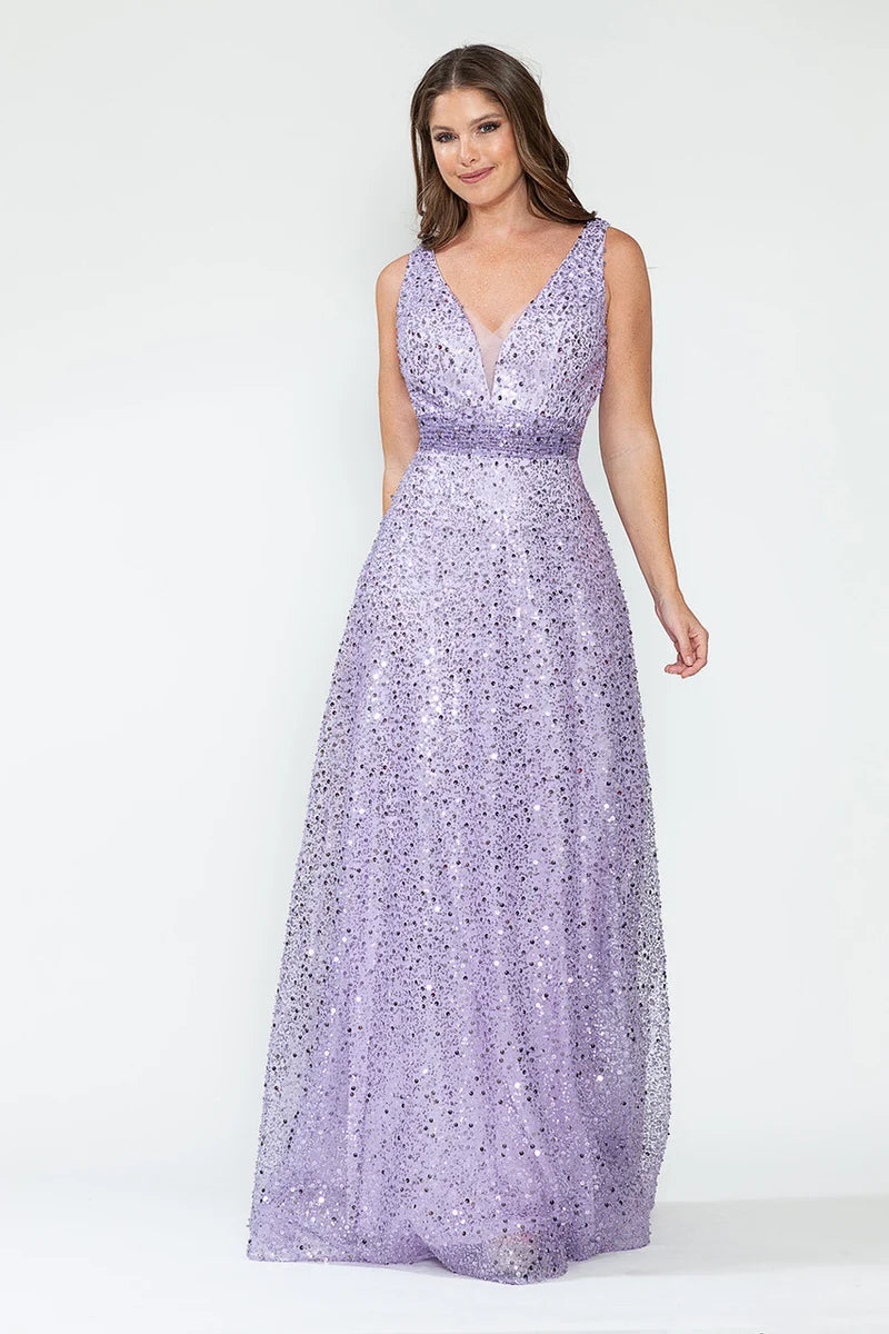 Elegant A-Line V-Neck Sleeveless Deep-V-Back Sequin Floor-Length Prom Dress