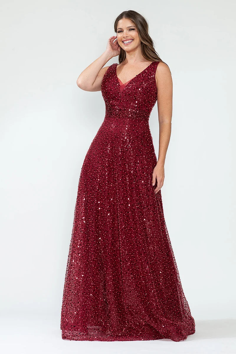Elegant A-Line V-Neck Sleeveless Deep-V-Back Sequin Floor-Length Prom Dress