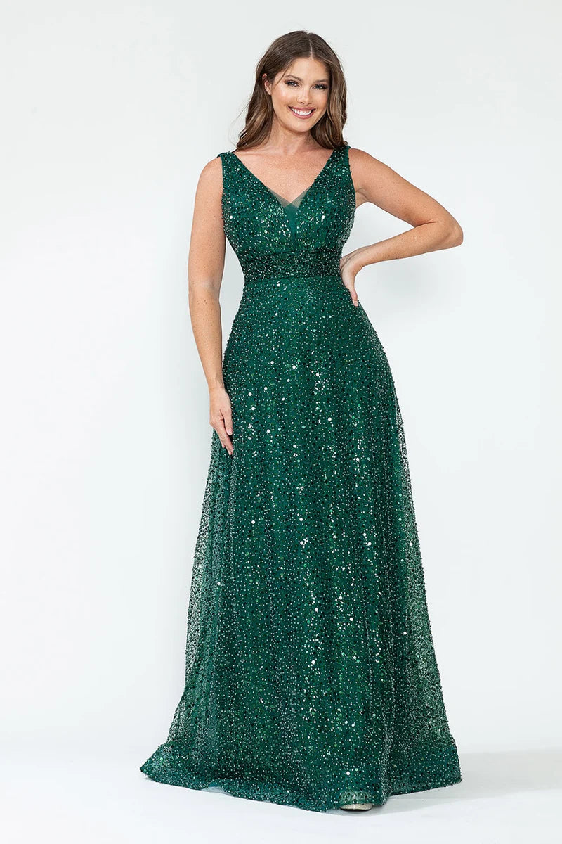 Elegant A-Line V-Neck Sleeveless Deep-V-Back Sequin Floor-Length Prom Dress