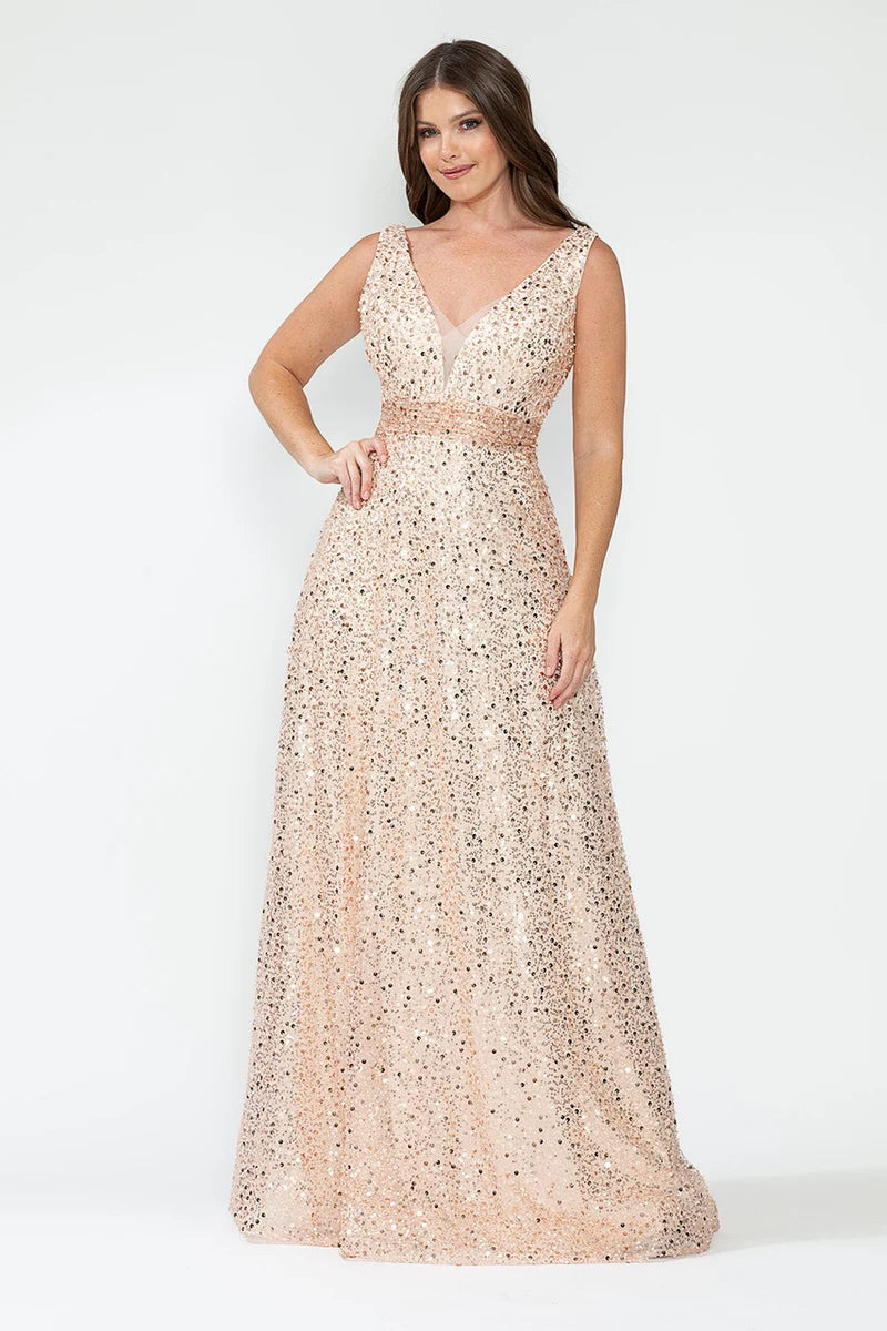Elegant A-Line V-Neck Sleeveless Deep-V-Back Sequin Floor-Length Prom Dress