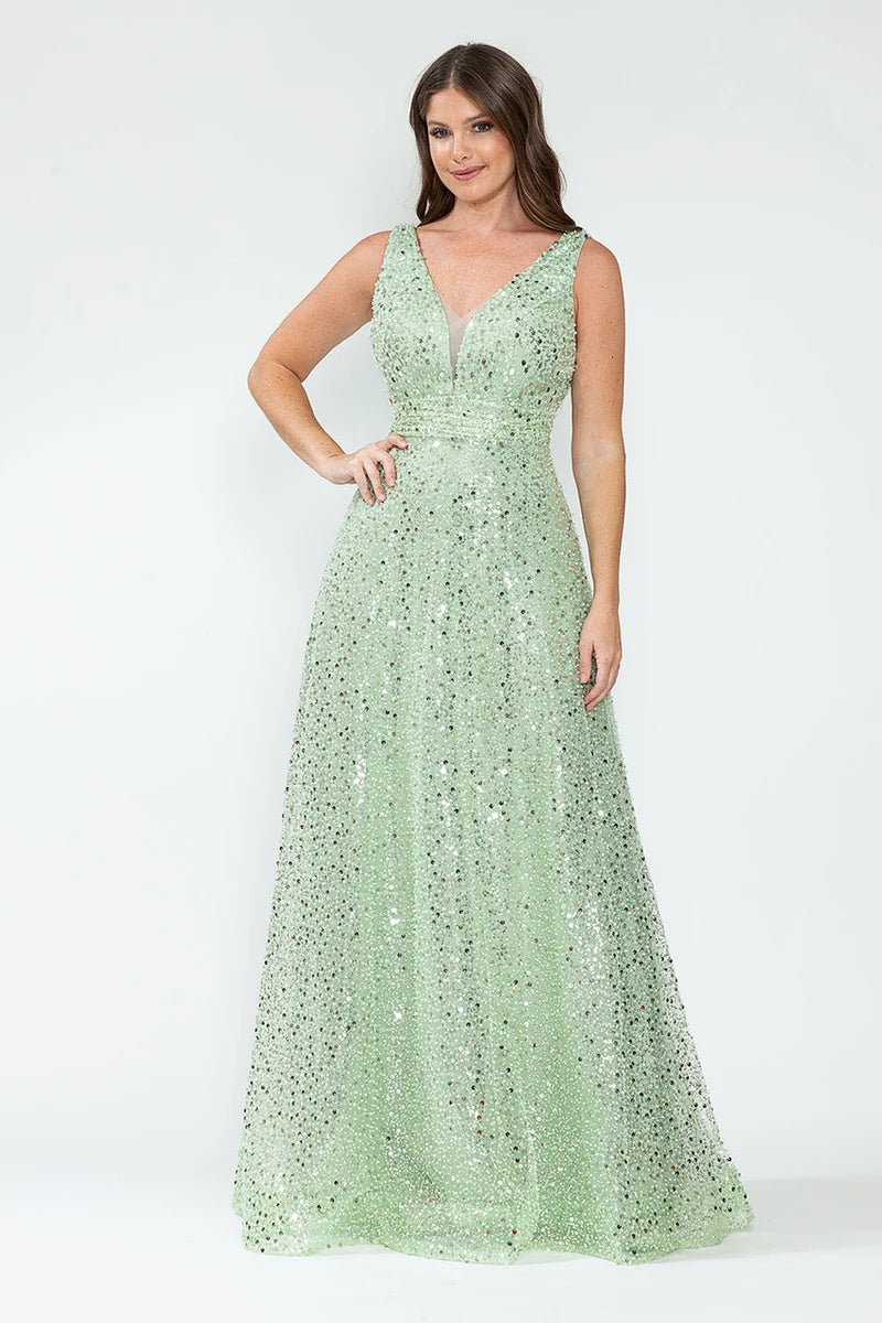 Elegant A-Line V-Neck Sleeveless Deep-V-Back Sequin Floor-Length Prom Dress