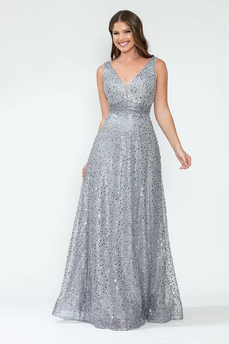 Elegant A-Line V-Neck Sleeveless Deep-V-Back Sequin Floor-Length Prom Dress