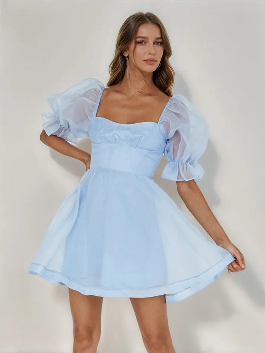 Loverlm light blue A-line mini homecoming dress with square neckline, sheer puff sleeves, fitted waist and flared skirt front view