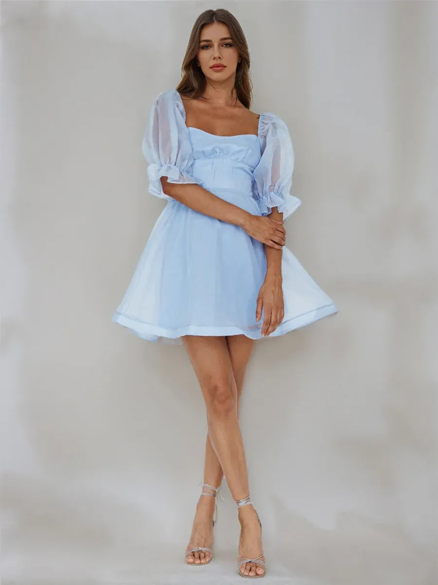 Dreamy A-Line Square Neck Puff Sleeve Closed Back Mini Homecoming Dress