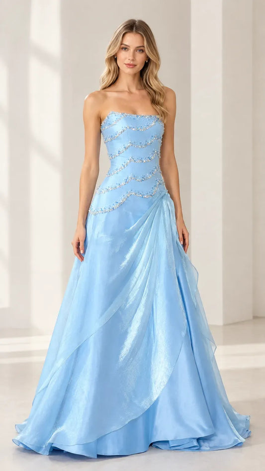 Loverlm light blue prom dress with strapless straight neckline beaded bodice layered skirt and floor-length A-line silhouette
