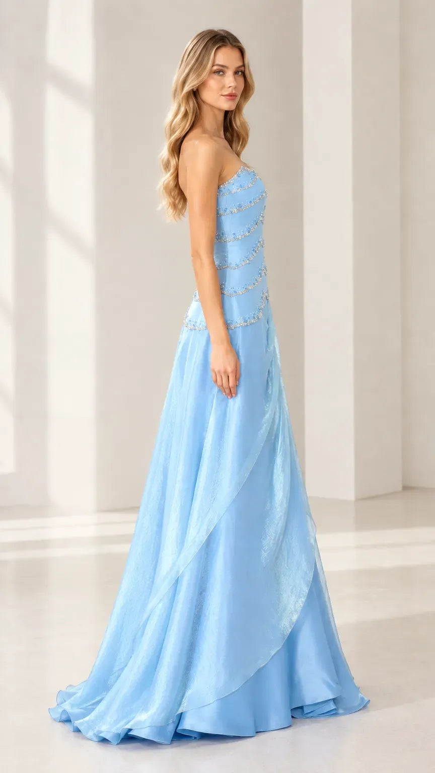 Elegant A-Line Strapless Beaded Bodice Straight-Back Floor-Length Prom Dress