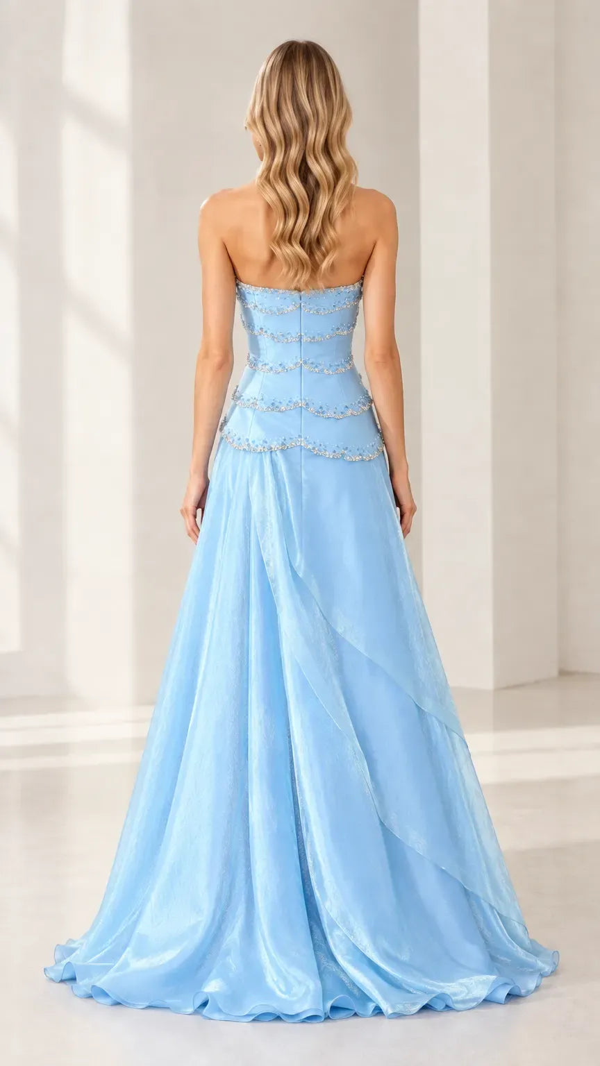 Elegant A-Line Strapless Beaded Bodice Straight-Back Floor-Length Prom Dress