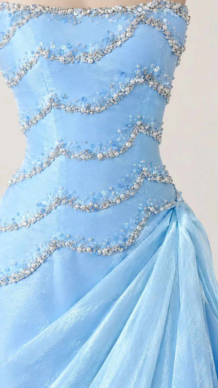 Elegant A-Line Strapless Beaded Bodice Straight-Back Floor-Length Prom Dress