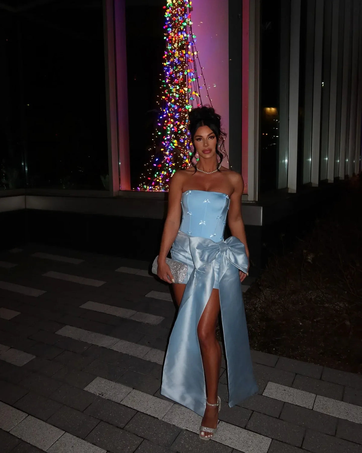 Loverlm light blue strapless mini homecoming dress with oversized bow and long side panels