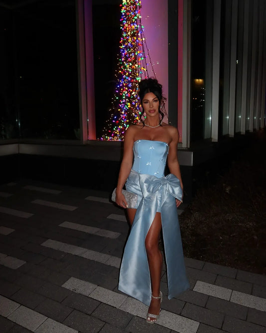 Loverlm light blue strapless mini homecoming dress with oversized bow and long side panels