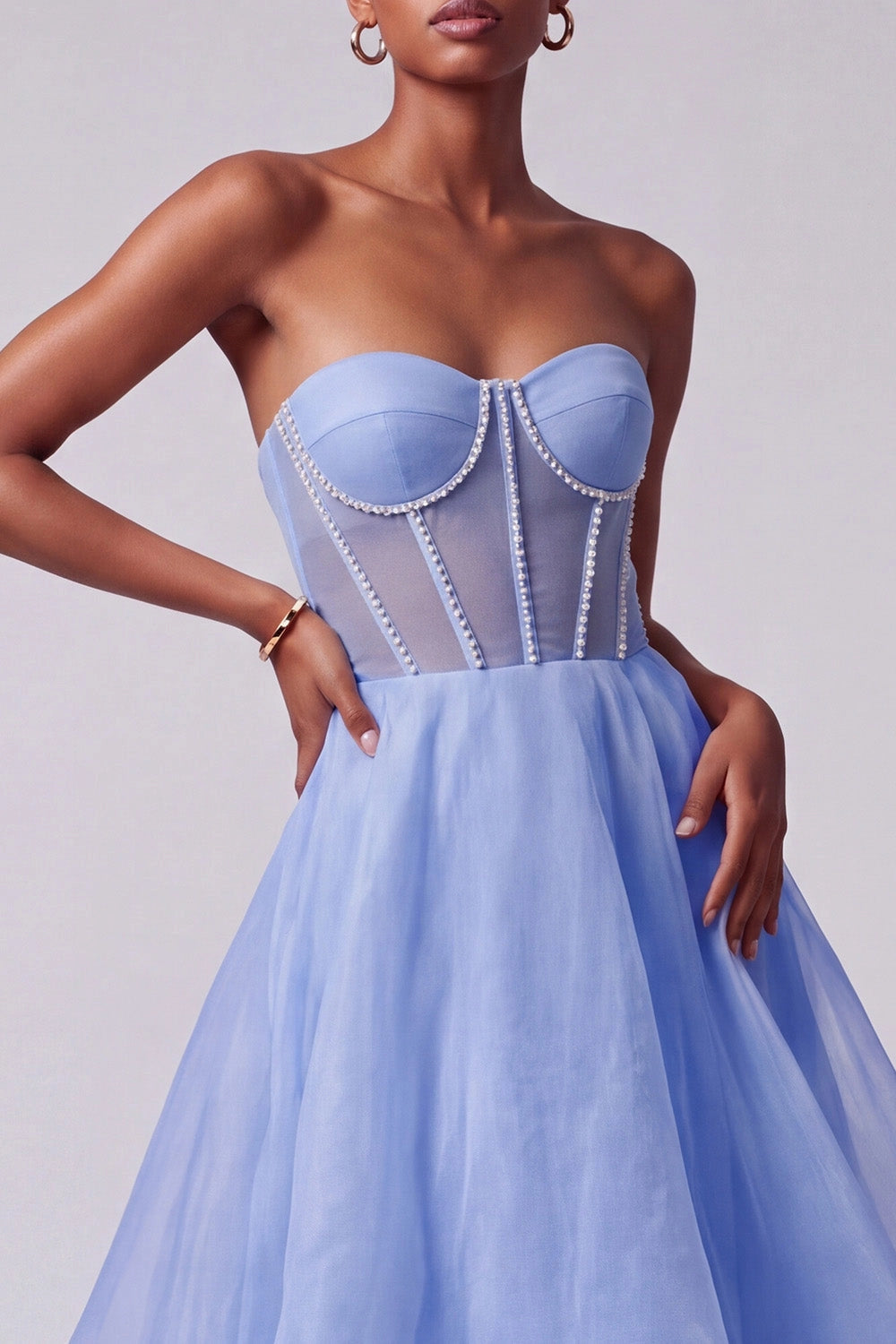 Elegant A-line Strapless Sweetheart Sleeveless Lace Up Back Tiered Floor Length Prom Dress