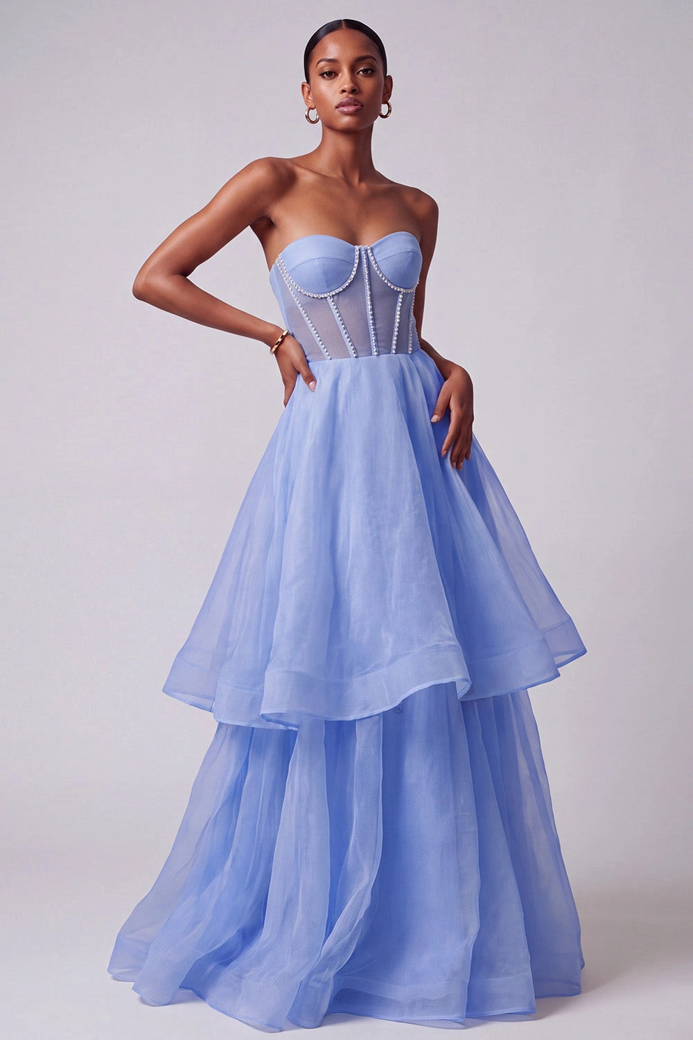 Loverlm light blue strapless corset prom dress pearl trim tiered organza formal gown