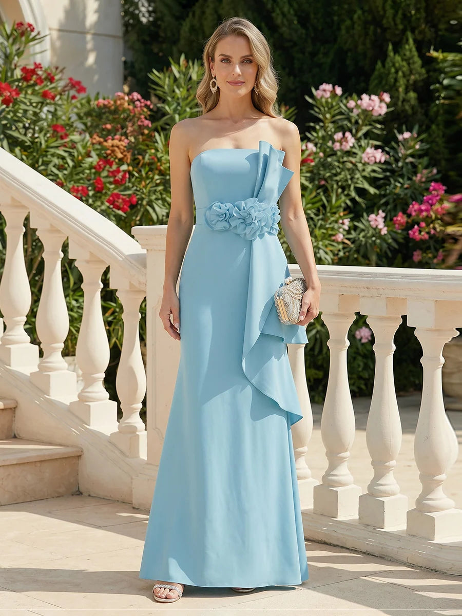 Light blue strapless mermaid wedding guest dress with 3D floral waist appliques, cascading side ruffle and floor-length satin skirt by Loverlm