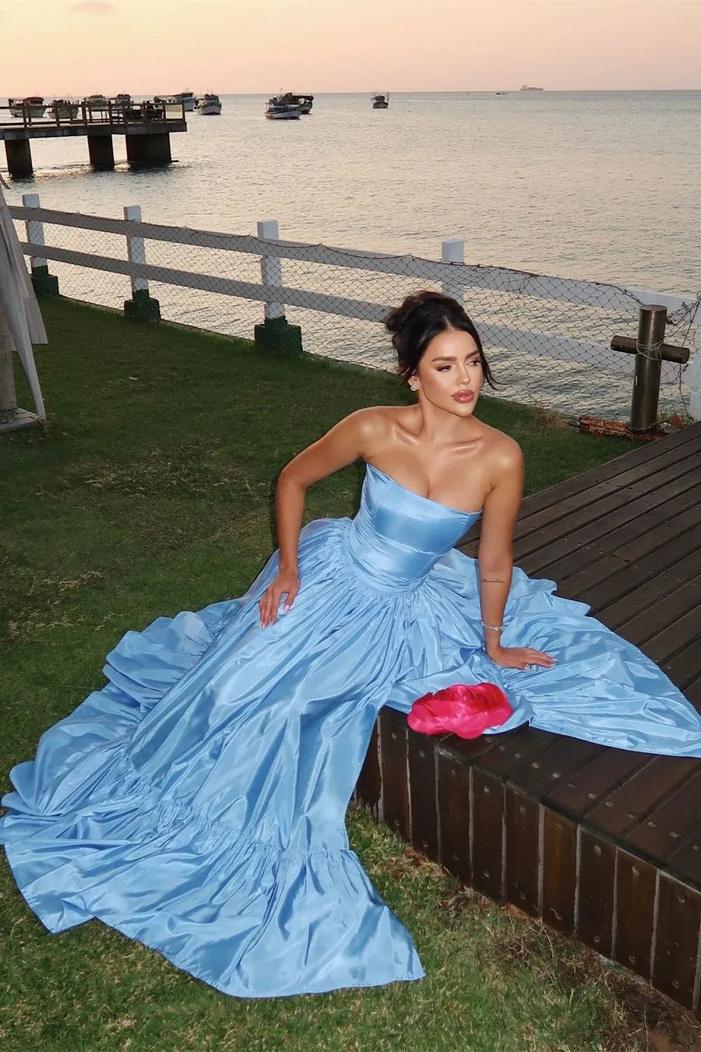 Romantic Satin A-Line Bandeau Strapless Floral Tiered Slit Floor Length Prom Dress