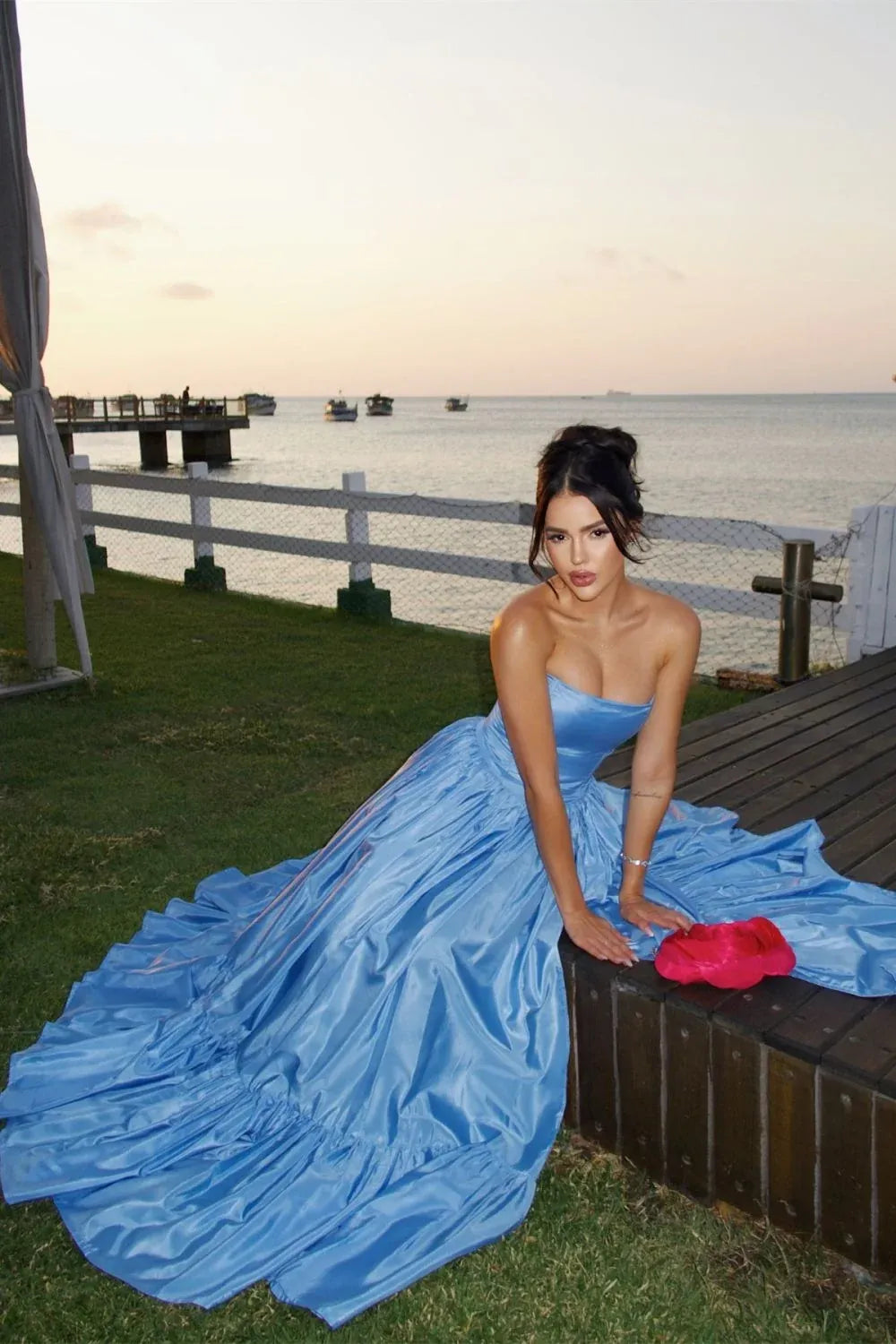 Romantic Satin A-Line Bandeau Strapless Floral Tiered Slit Floor Length Prom Dress