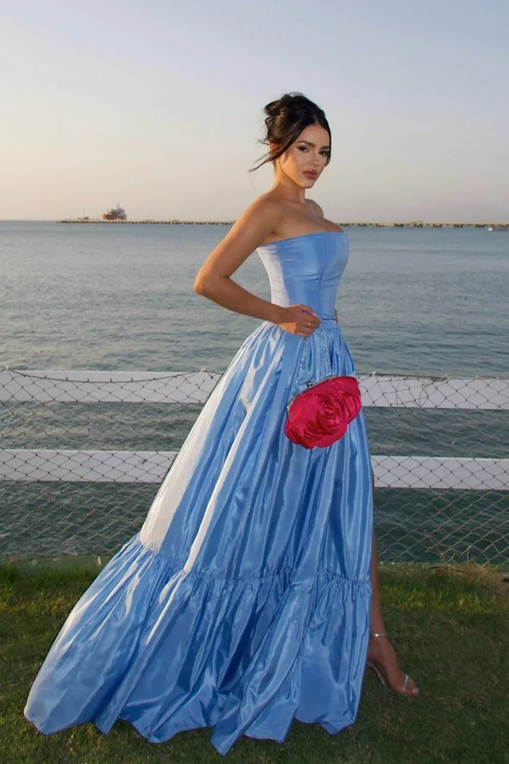 Romantic Satin A-Line Bandeau Strapless Floral Tiered Slit Floor Length Prom Dress