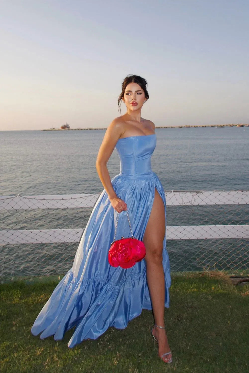Romantic Satin A-Line Bandeau Strapless Floral Tiered Slit Floor Length Prom Dress