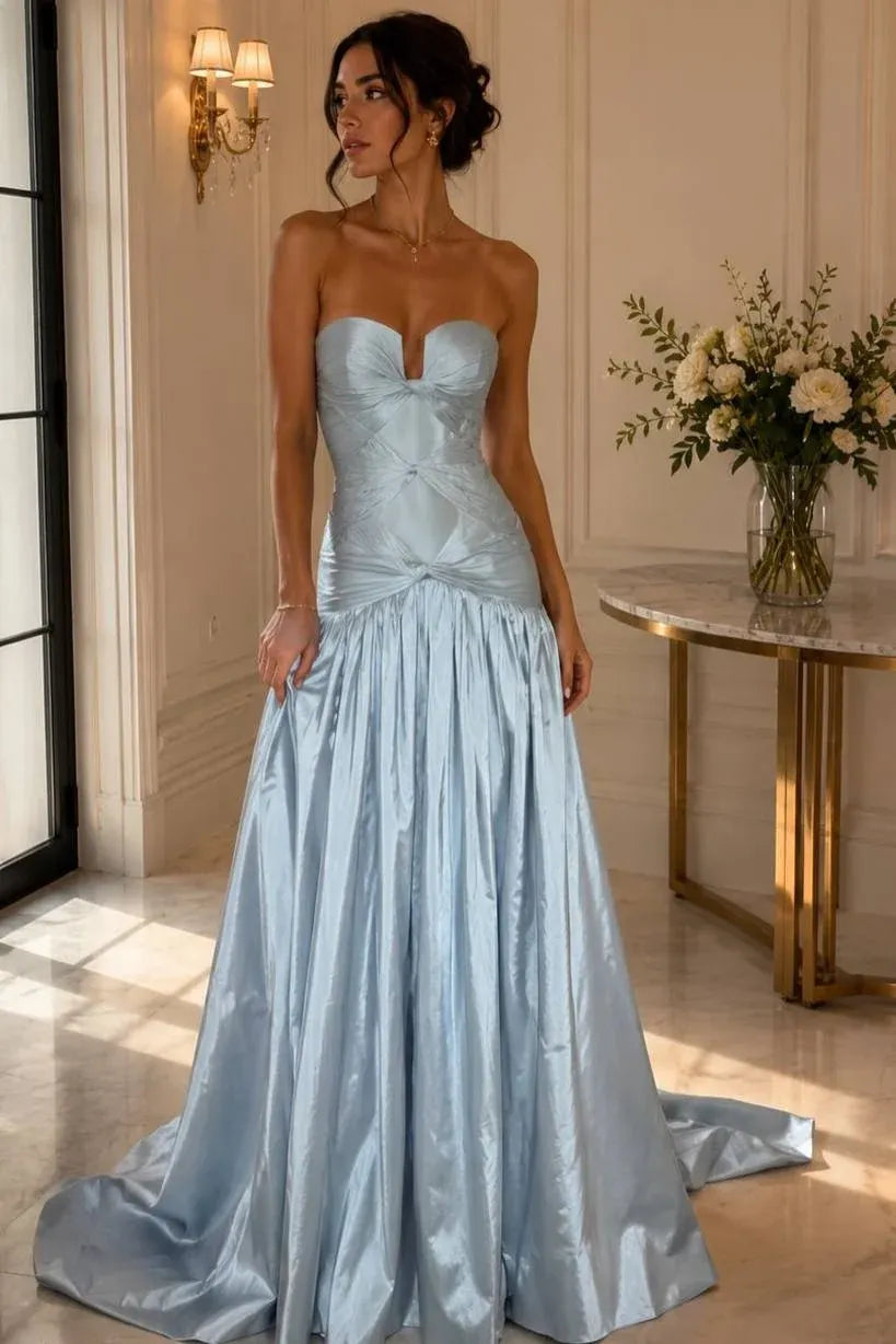 Loverlm light blue strapless sweetheart prom dress with ruched drop-waist bodice and gathered floor-length A-line skirt