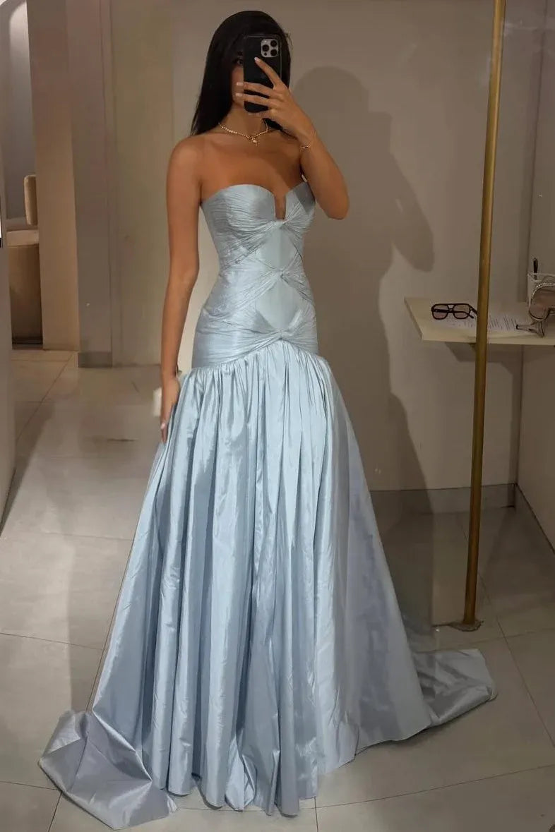 Elegant A-Line Sweetheart Strapless Ruched Drop-Waist Floor-Length Prom Dress