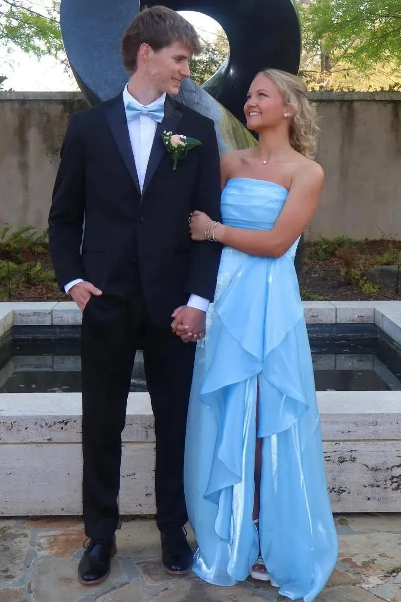 Loverlm light blue strapless prom dress with ruched bodice cascading front ruffles and flowing floor-length A-line skirt