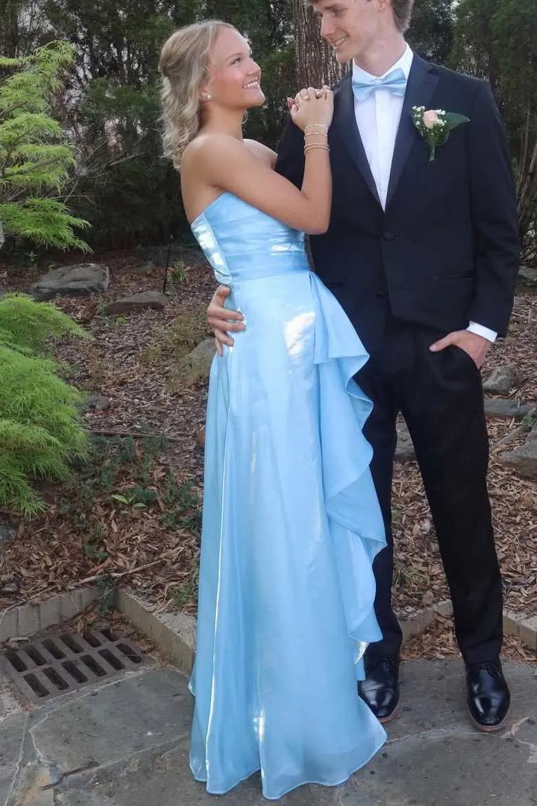 Elegant A-Line Straight Strapless Draped Ruffle Floor-Length Prom Dress