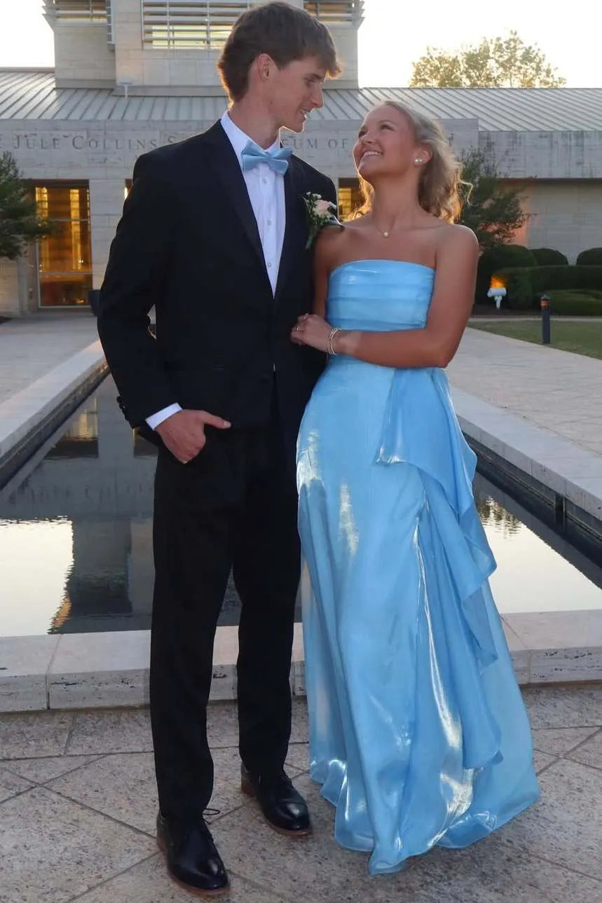 Elegant A-Line Straight Strapless Draped Ruffle Floor-Length Prom Dress