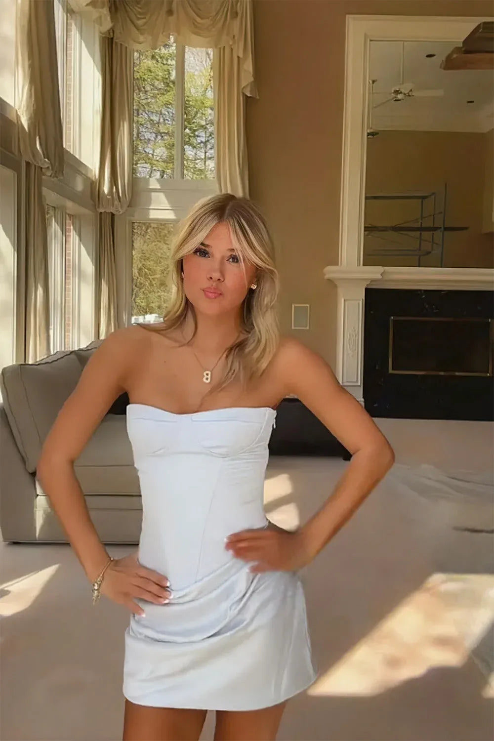 Elegant Fitted Strapless Sleeveless Lace-Up Satin Mini Blue Homecoming Dress