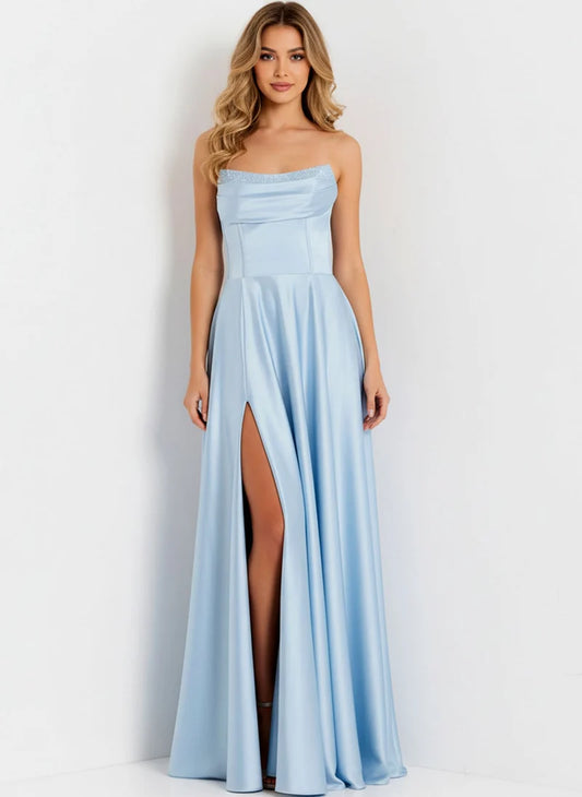 Loverlm light blue satin prom dress with straight strapless neckline sparkling trim high slit and flowing floor-length A-line skirt