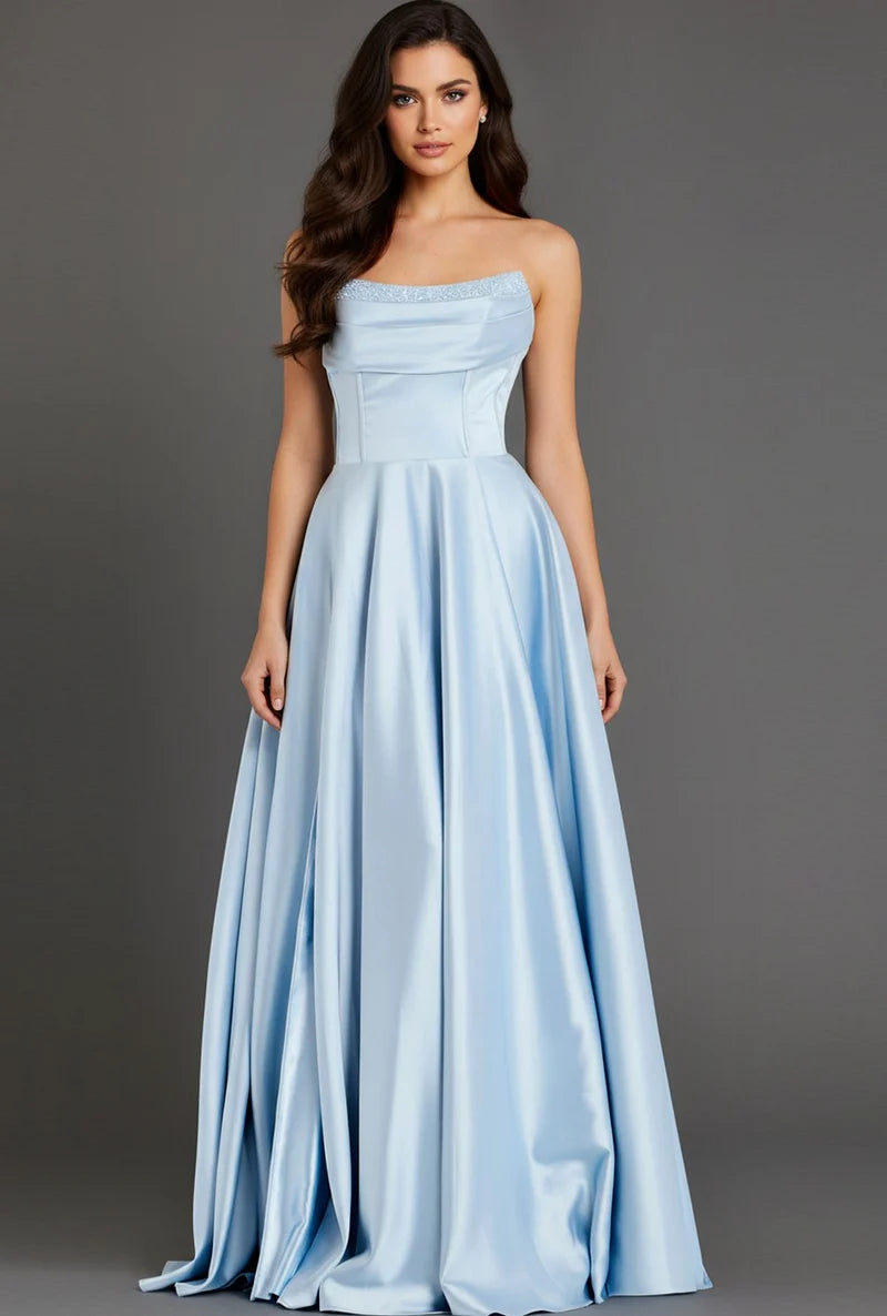 Elegant A-Line Straight-Neck Strapless V-Back Floor-Length Prom Dress