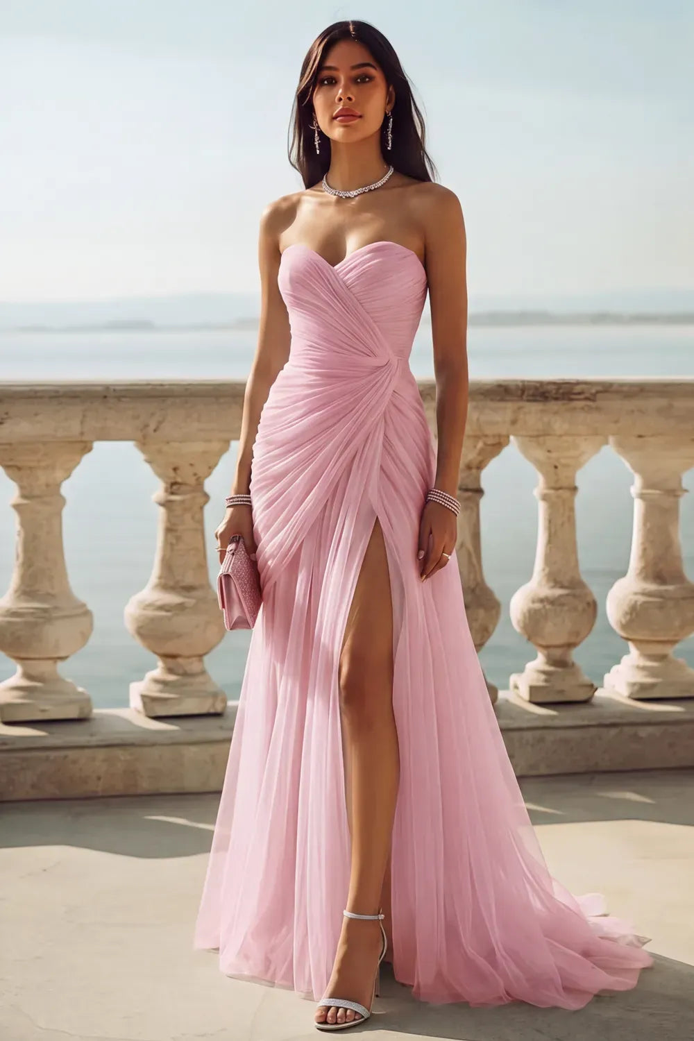 Romantic A-Line Sweetheart Sleeveless Zipper Back Slit Floor-Length Prom Dress