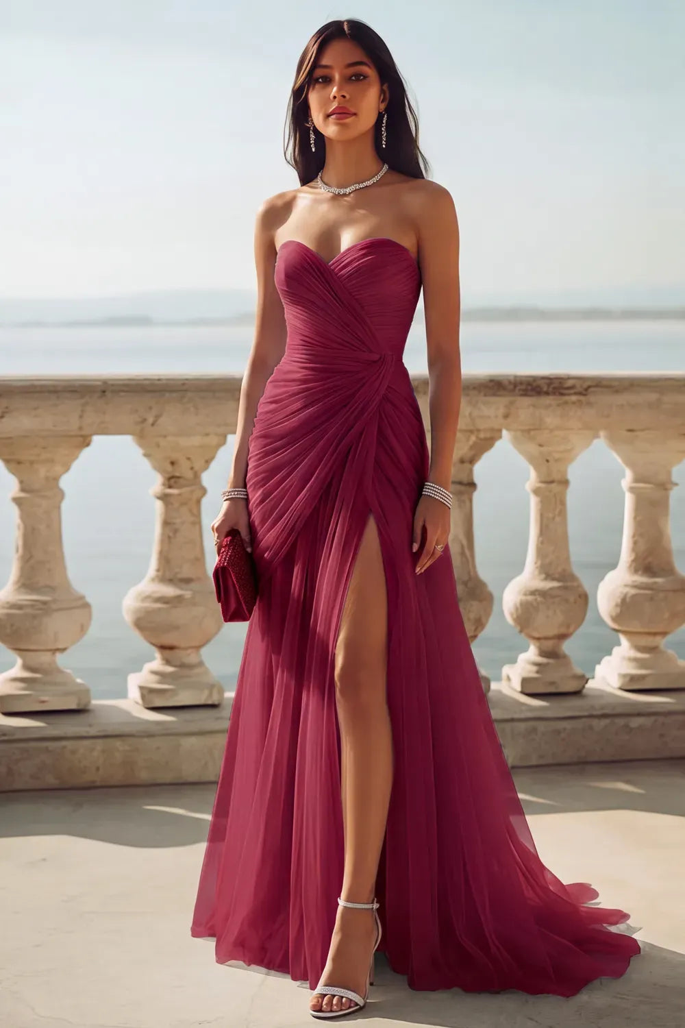Romantic A-Line Sweetheart Sleeveless Zipper Back Slit Floor-Length Prom Dress