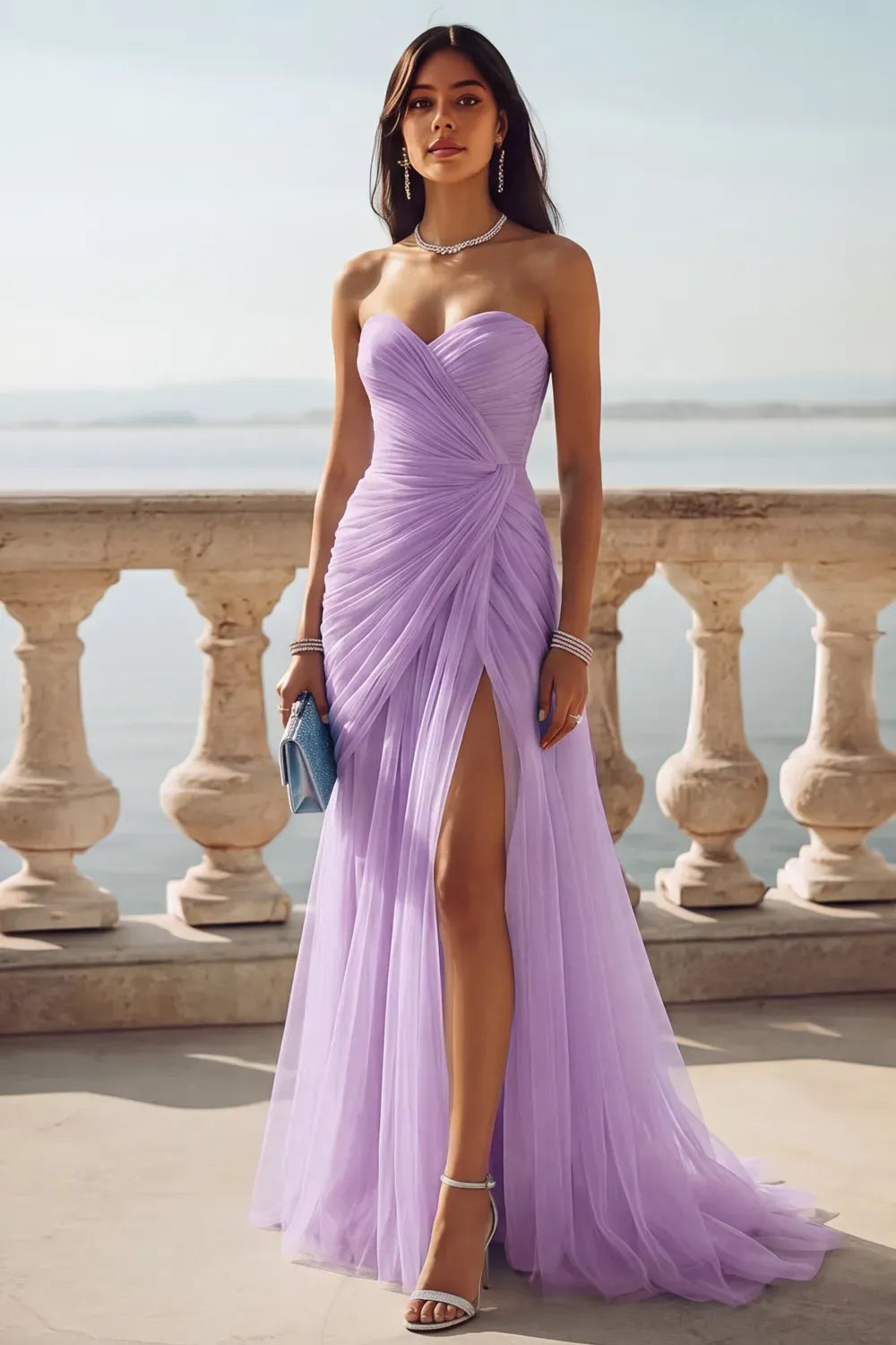 Romantic A-Line Sweetheart Sleeveless Zipper Back Slit Floor-Length Prom Dress