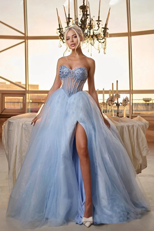 Loverlm light blue sweetheart corset ball gown prom dress with high slit