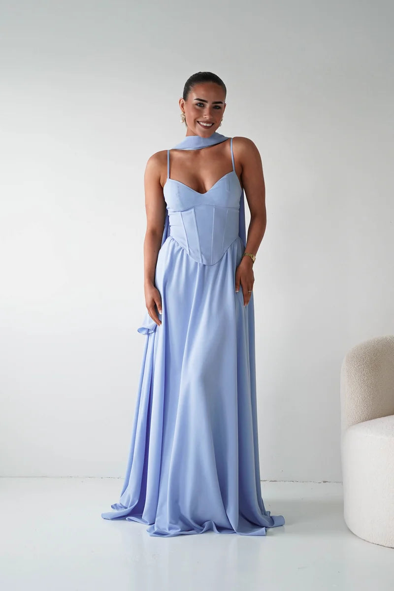 Loverlm light blue A-line prom dress with sweetheart neckline, spaghetti straps, corset bodice, draped scarf and floor-length skirt front view